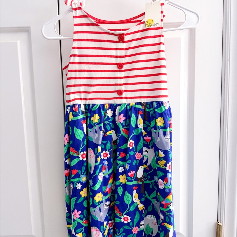 New Mini Boden Striped Red and Blue Sloth Dress, size 7-8